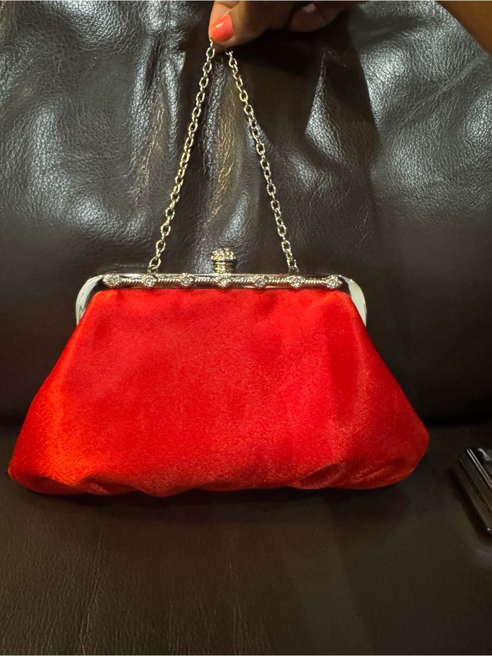 Red Satin Evening Clutch with Silver Chain and Jeweled Frame